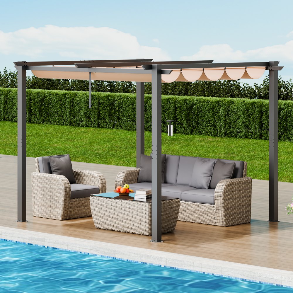 JDG-099-BE - 10x10 Aluminum Pergola with UV50+ Canopy for Outdoor Enjoyment