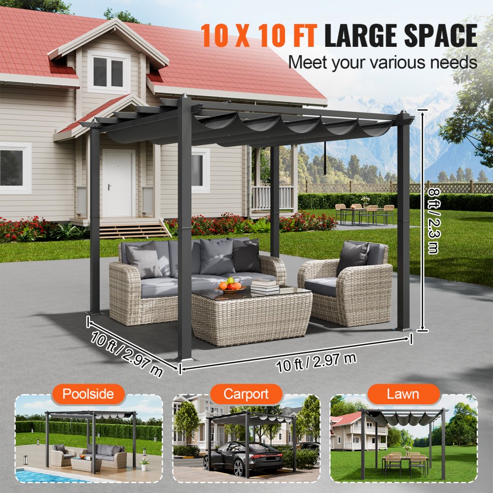 JDG-098-33DBE - 10'x10' Aluminum Pergola with UV50+ Sun Shade Canopy