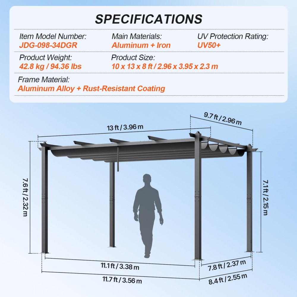 JDG-098-34DGR - 10'x13' Heavy-Duty Pergola with UV50+ Canopy