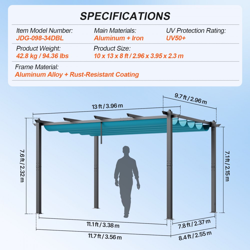JDG-098-34DBL - 3.5"x3.5" Aluminum Retractable Pergola with UV Protection