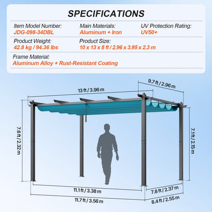 JDG-098-34DBL - 3.5"x3.5" Aluminum Retractable Pergola with UV Protection