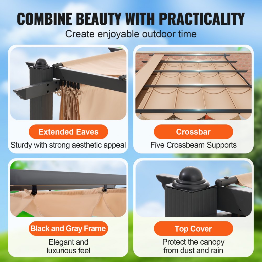 JDG-098-48DBE - 12'x16' Aluminum Pergola with UV50+ Sun Shade Canopy