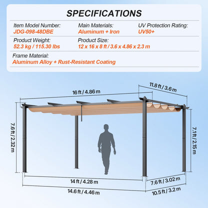 JDG-098-48DBE - 12'x16' Aluminum Pergola with UV50+ Sun Shade Canopy