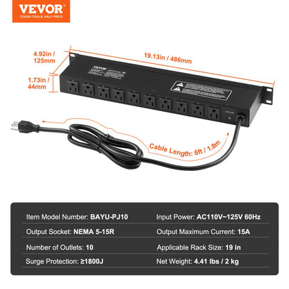 BAYU-PJ10 - 1U 10-Outlet Rack Mount Power Distribution Unit