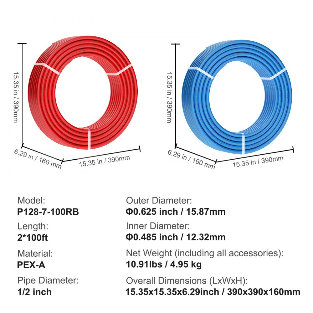 P128-7-100RB - 1/2 Inch Durable PEX Pipe, 2 Rolls of 100 Feet