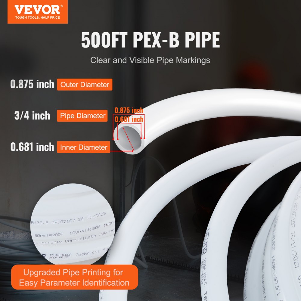 P130-13-500W - Durable 3/4" VEVOR PEX Pipe, 500ft for Hot/Cold Water