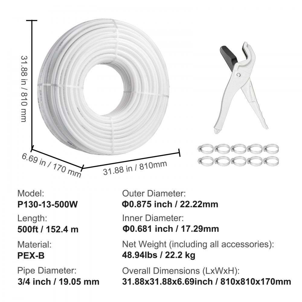 P130-13-500W - Durable 3/4" VEVOR PEX Pipe, 500ft for Hot/Cold Water