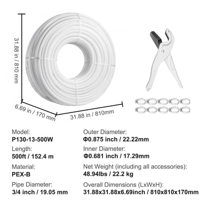 P130-13-500W - Durable 3/4" VEVOR PEX Pipe, 500ft for Hot/Cold Water