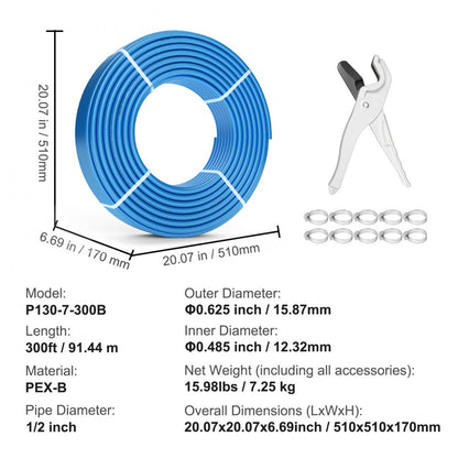 P130-7-300B - 1/2" x 300ft Durable Flexible PEX Pipe for Plumbing