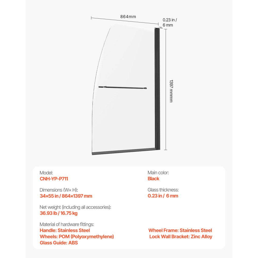 CNH-YP-P711 - 34" Frameless Shower Door with Shatterproof Glass and Easy Clean