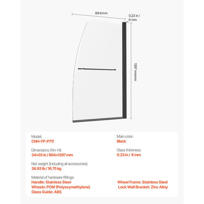 CNH-YP-P711 - 34" Frameless Shower Door with Shatterproof Glass and Easy Clean