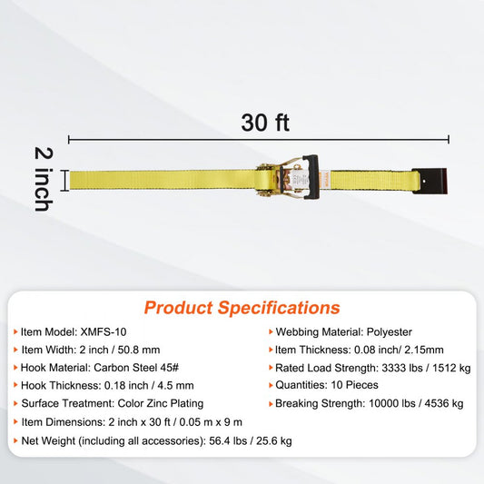 XMFS-10 Heavy-Duty 2" x 30' Ratchet Tie Down Straps - 10,000 lbs Capacity