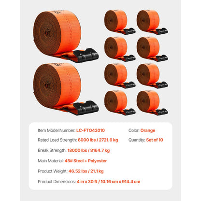LC-FTO43010 - 4"x30' High-Strength Polyester Winch Straps with Flat Hooks, 10 Pack
