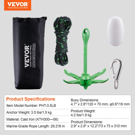 PHT-3.5LB - 3.5 lb Lightweight Kayak Anchor Kit with 26.2 ft Rope