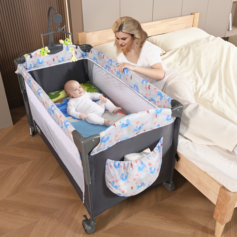 P9070 - Adjustable Height Baby Bassinet with Changing Table & Wheels