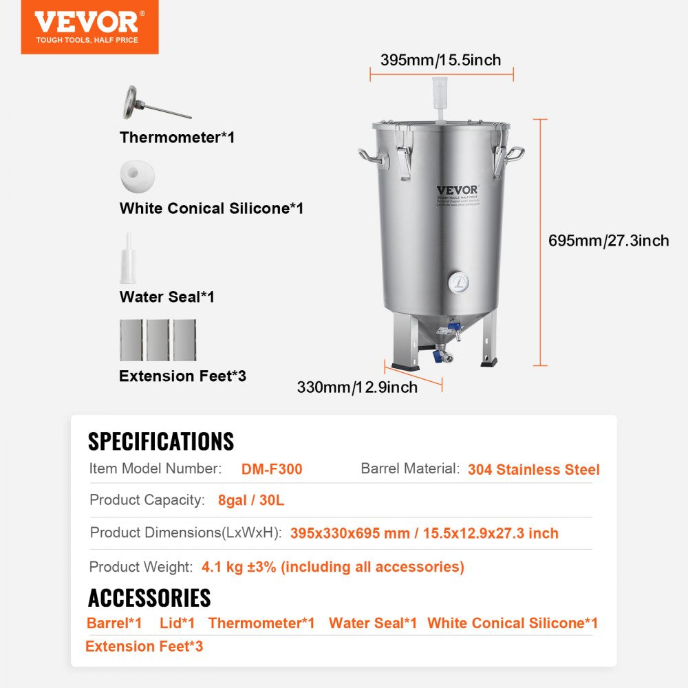 DM-F300 - 8-Gallon VEVOR Stainless Steel Brew Kettle with Secure Seal