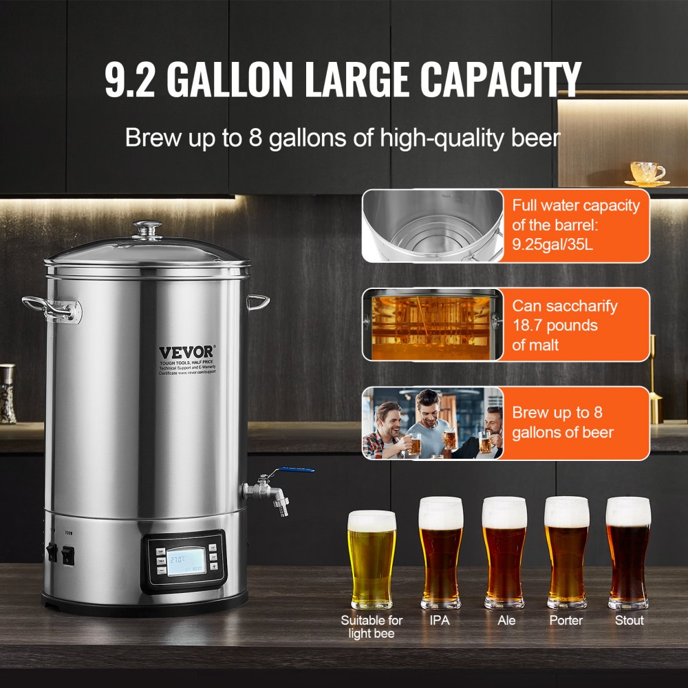 010579611984 - 8-Gallon Stainless Steel Electric Brewing System with Control Panel