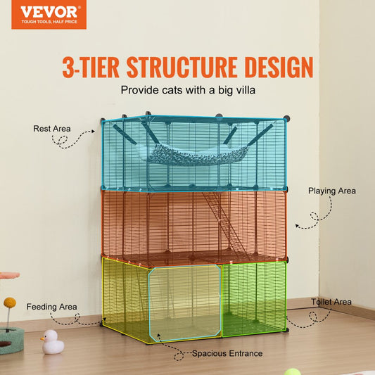 LS0262 - 28"x28"x41" 3-Tier Metal Cat Cage with Hammock and Ramp
