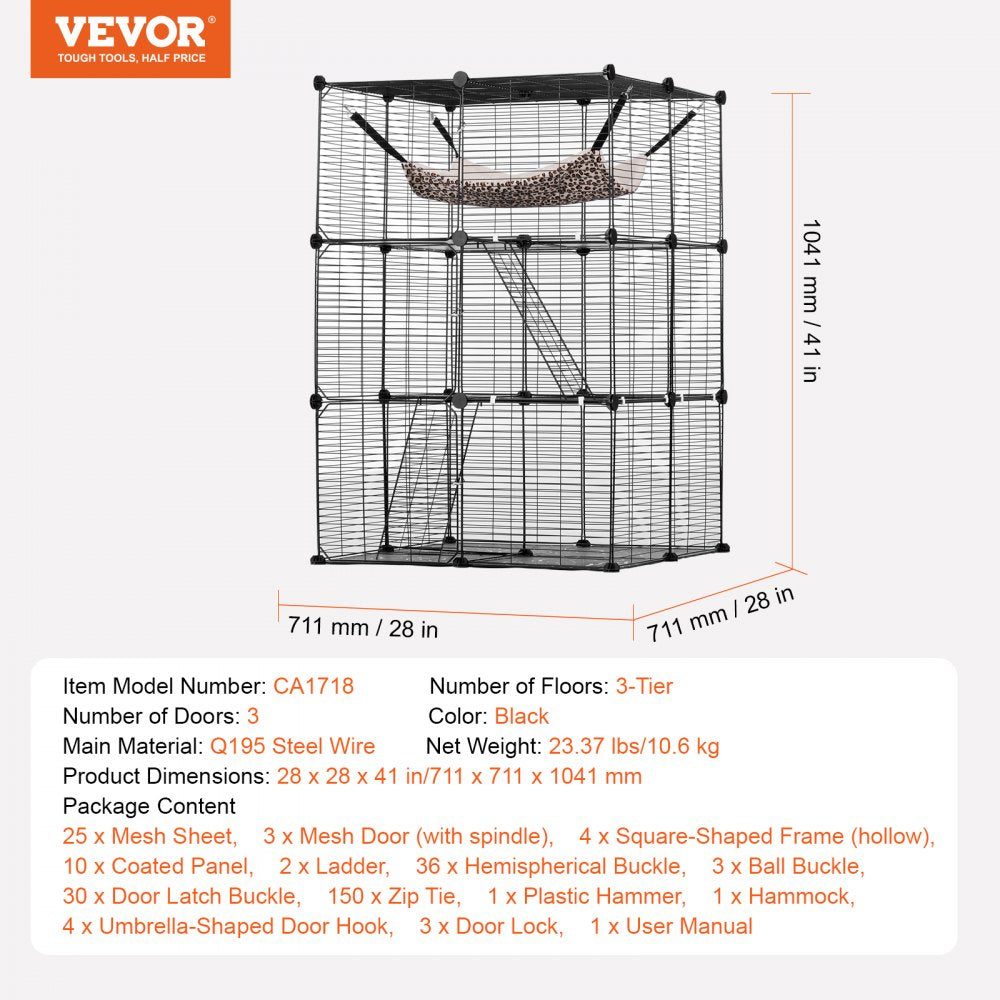 LS0262 - 28"x28"x41" 3-Tier Metal Cat Cage with Hammock and Ramp