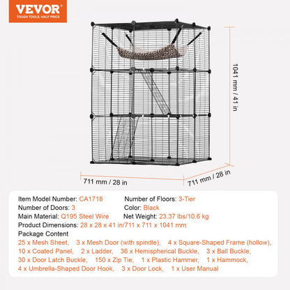 LS0262 - 28"x28"x41" 3-Tier Metal Cat Cage with Hammock and Ramp