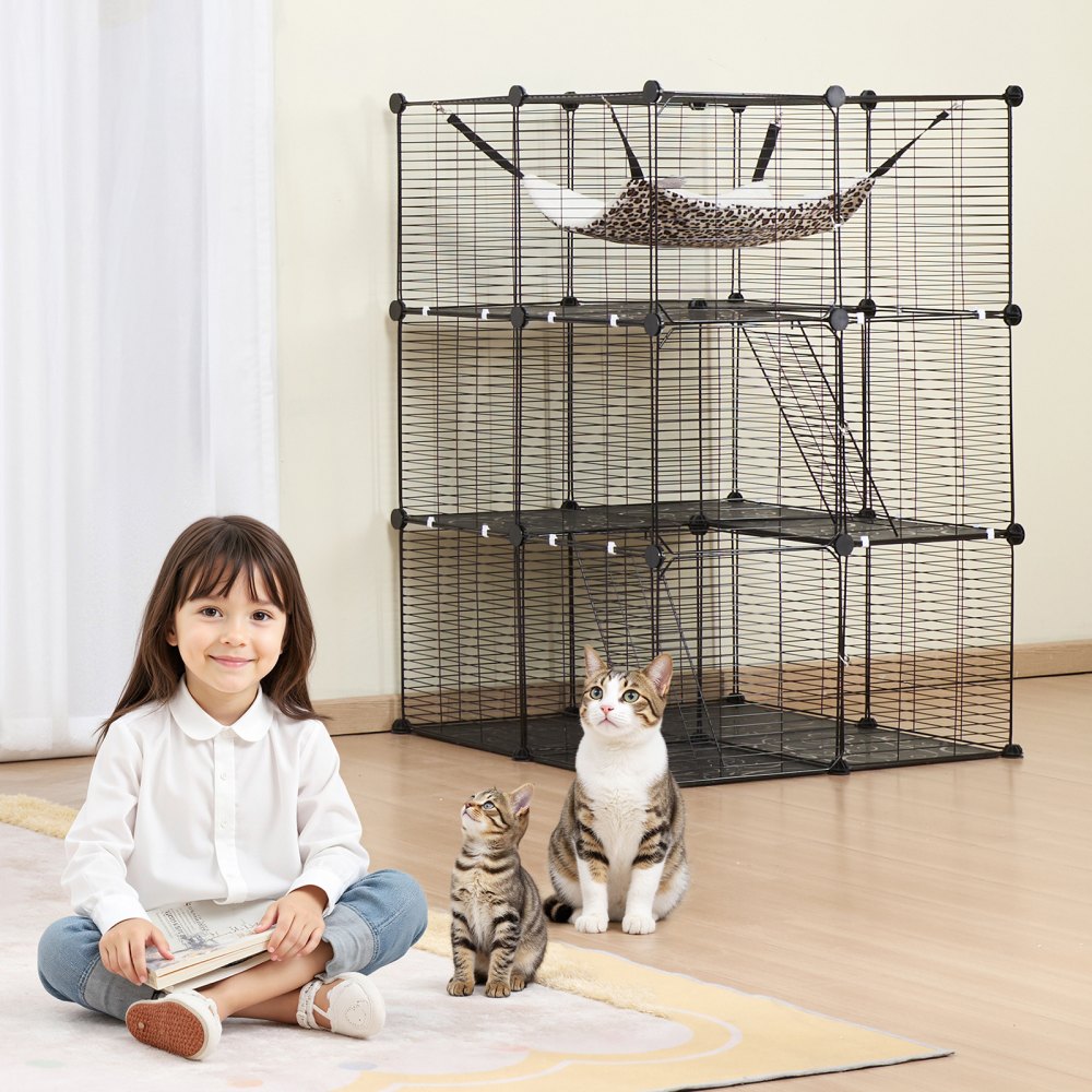 LS0262 - 28"x28"x41" 3-Tier Metal Cat Cage with Hammock and Ramp