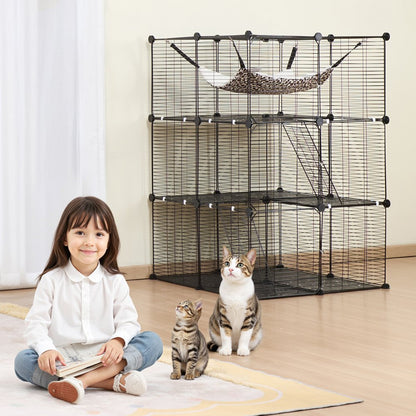 LS0262 - 28"x28"x41" 3-Tier Metal Cat Cage with Hammock and Ramp