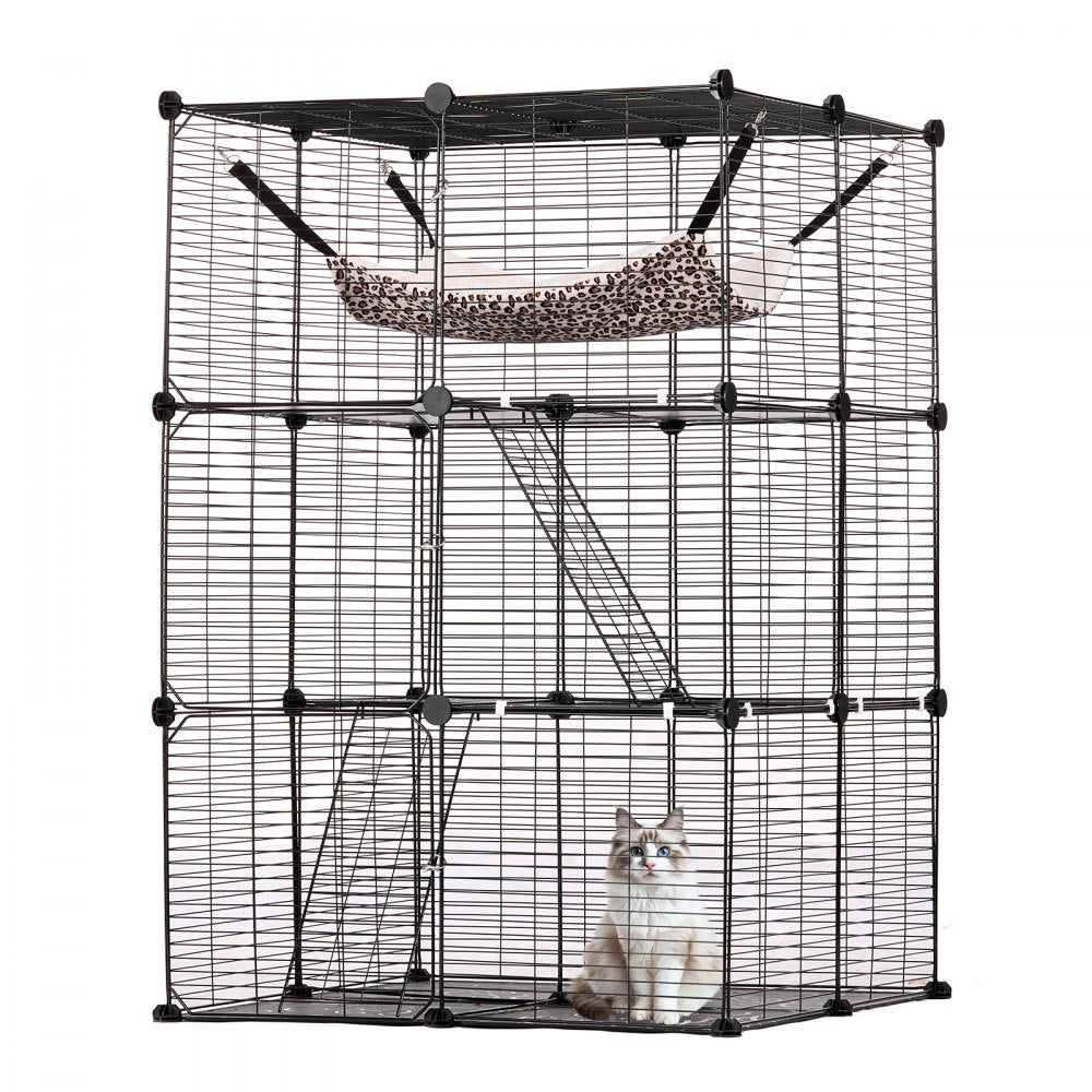 LS0262 - 28"x28"x41" 3-Tier Metal Cat Cage with Hammock and Ramp