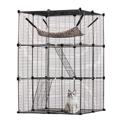 LS0262 - 28"x28"x41" 3-Tier Metal Cat Cage with Hammock and Ramp