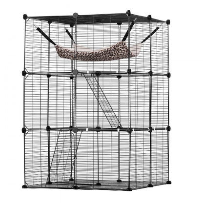 LS0262 - 28"x28"x41" 3-Tier Metal Cat Cage with Hammock and Ramp