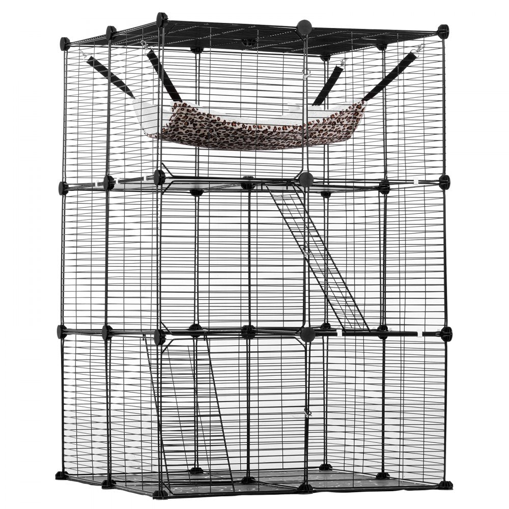 LS0262 - 28"x28"x41" 3-Tier Metal Cat Cage with Hammock and Ramp