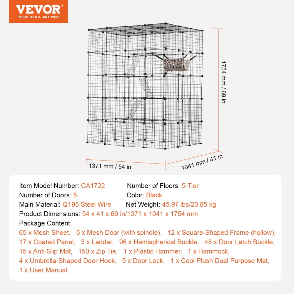 LS0266 - Spacious 4-Tier Metal Cat Cage 54"x41"x69" with Hammock