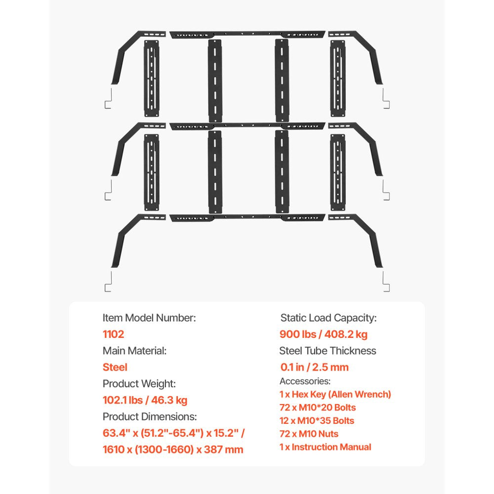 1102 - Adjustable Heavy-Duty Truck Rack for 51.2-65.4" Beds