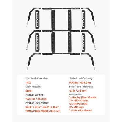 1102 - Adjustable Heavy-Duty Truck Rack for 51.2-65.4" Beds