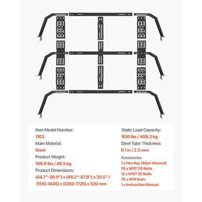 1103 - Adjustable Rust-Resistant Truck Rack for Easy Load Storage