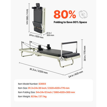 S3003 - Durable Foldable Pilates Reformer, 99x24x30 inch, Supports 400 lbs