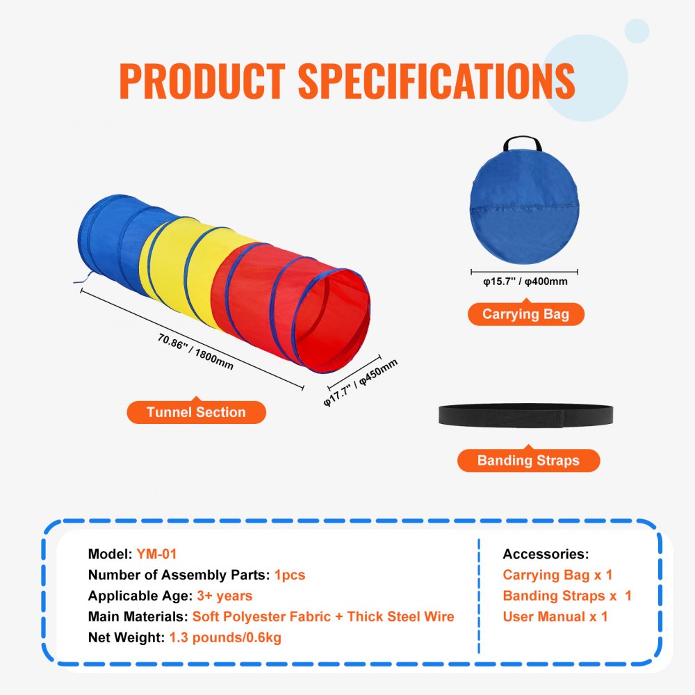 YM-01 - Colorful 70.86'' Kids Play Tunnel Tent for Indoor/Outdoor Fun