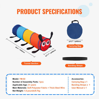 YM-02 - 120" Bright Kids Play Tunnel Tent for Fun Indoor & Outdoor Adventures