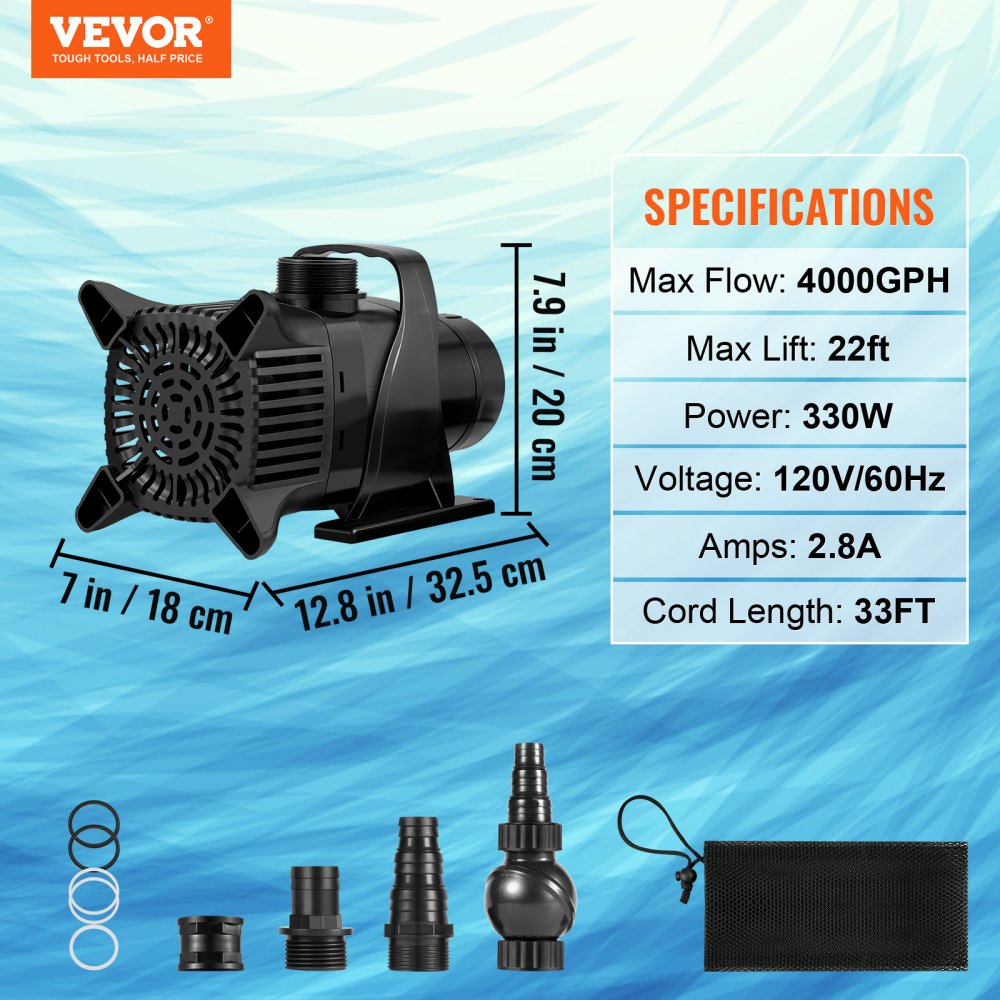 010180936776 - 4000GPH Submersible Pond Pump with 22FT Lift & Quiet Operation