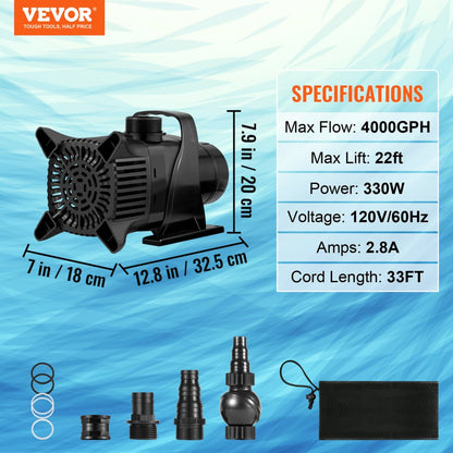 010180936776 - 4000GPH Submersible Pond Pump with 22FT Lift & Quiet Operation