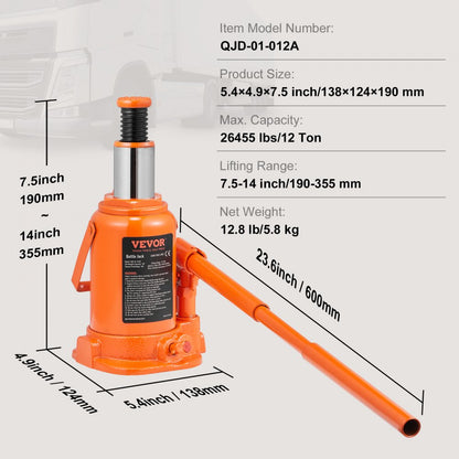 QJD-01-012A - Heavy-Duty 12 Ton Hydraulic Bottle Jack, 7.5-14 Inch Lift Range