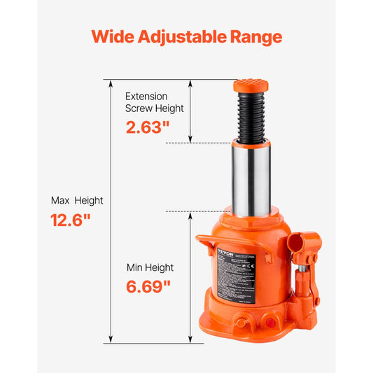QJD-020S-01 - 20 Ton Hydraulic Bottle Jack, 6.69-12.6” Lift Range