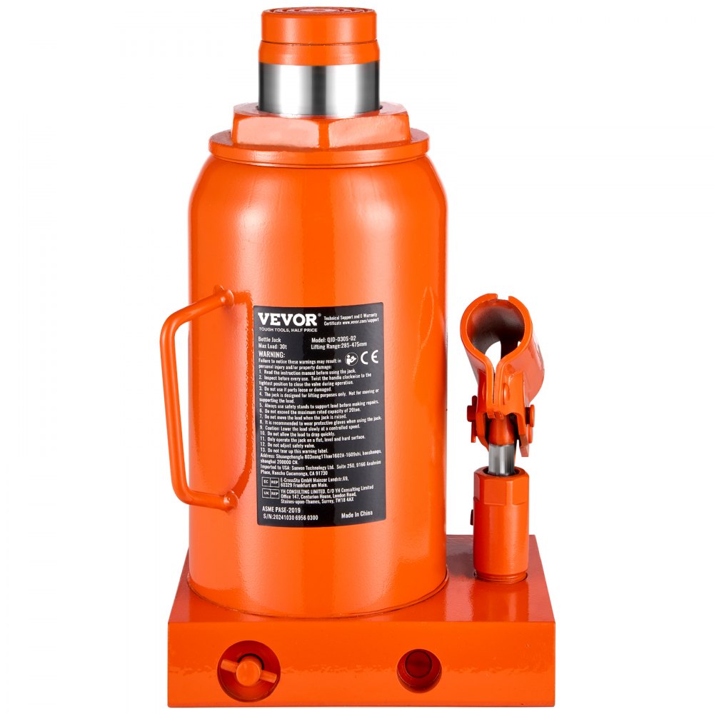 QJD-030S-02 - 30 Ton Hydraulic Bottle Jack, 11.22-18.66 Inch Lift Range