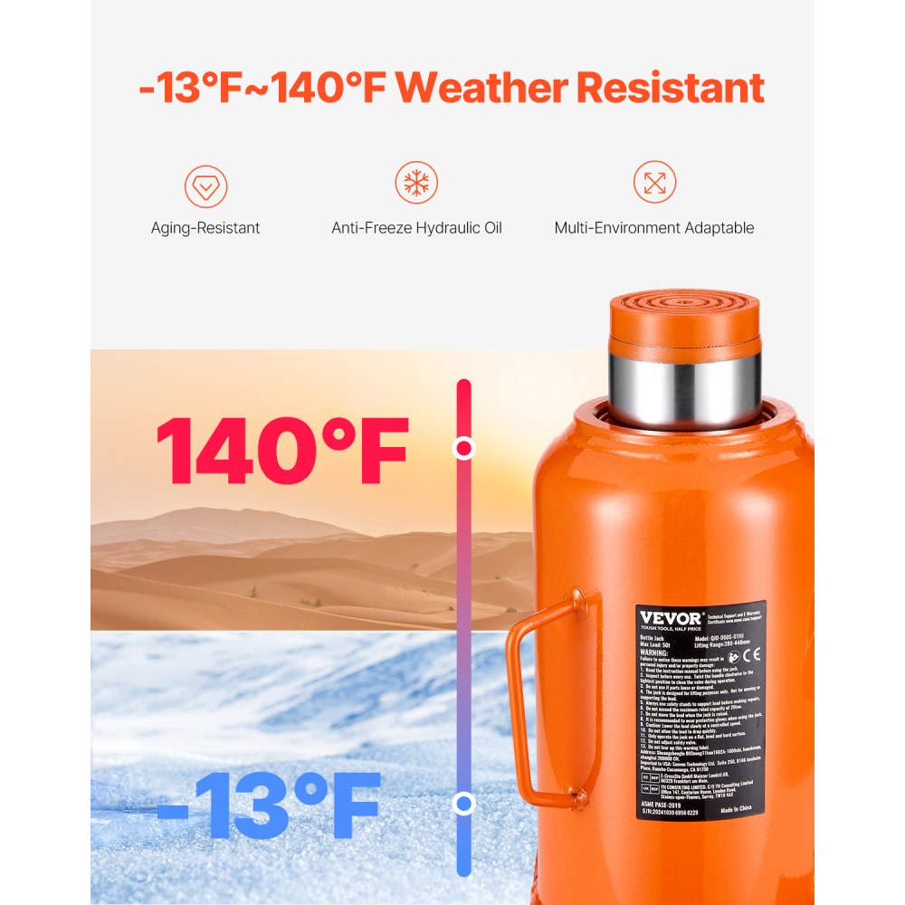 QJD-050S-01HJ - 50-Ton Hydraulic Bottle Jack, 11-17.32" Lift Range