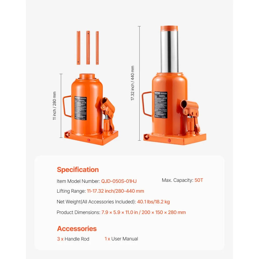 QJD-050S-01HJ - 50-Ton Hydraulic Bottle Jack, 11-17.32" Lift Range