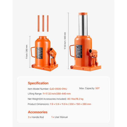 QJD-050S-01HJ - 50-Ton Hydraulic Bottle Jack, 11-17.32" Lift Range