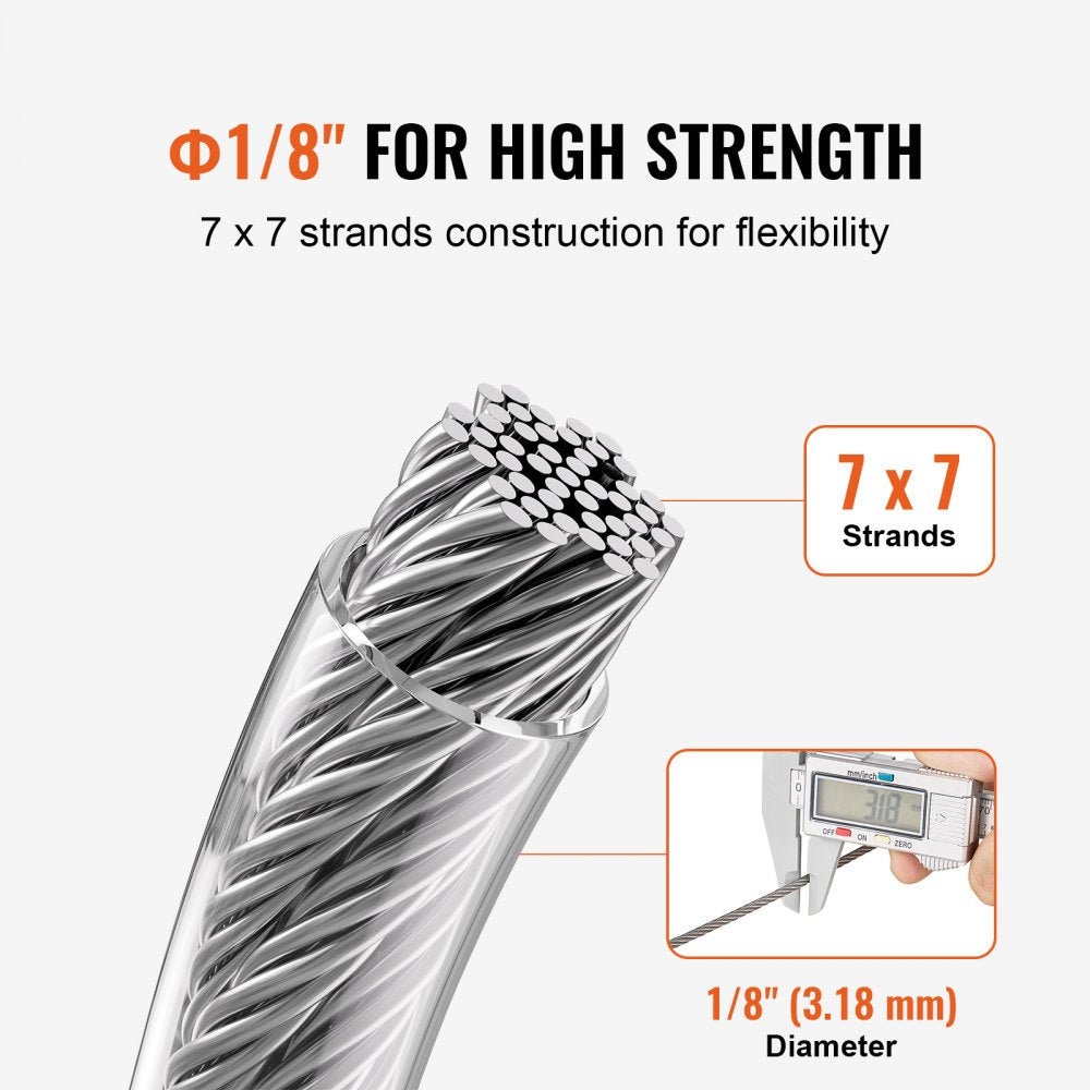 W1/8-100 - 100ft Vinyl-Coated 304 Stainless Steel Wire Rope for Outdoor Use