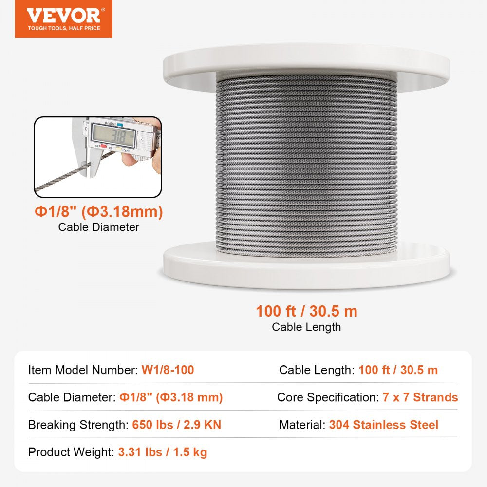 W1/8-100 - 100ft Vinyl-Coated 304 Stainless Steel Wire Rope for Outdoor Use