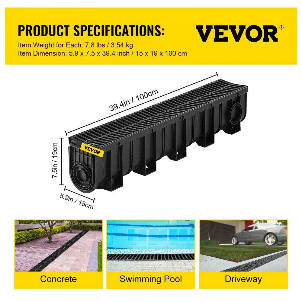PSG100*150*4M - 39.4" VEVOR Trench Drain System, HDPE, B125 Rated