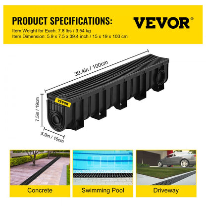 PSG100*150*4M - 39.4" VEVOR Trench Drain System, HDPE, B125 Rated