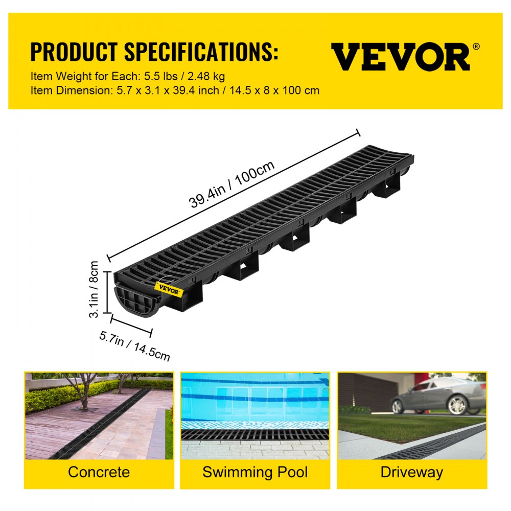 PSG45*100 - 1m VEVOR Trench Drain System for Efficient Water Management